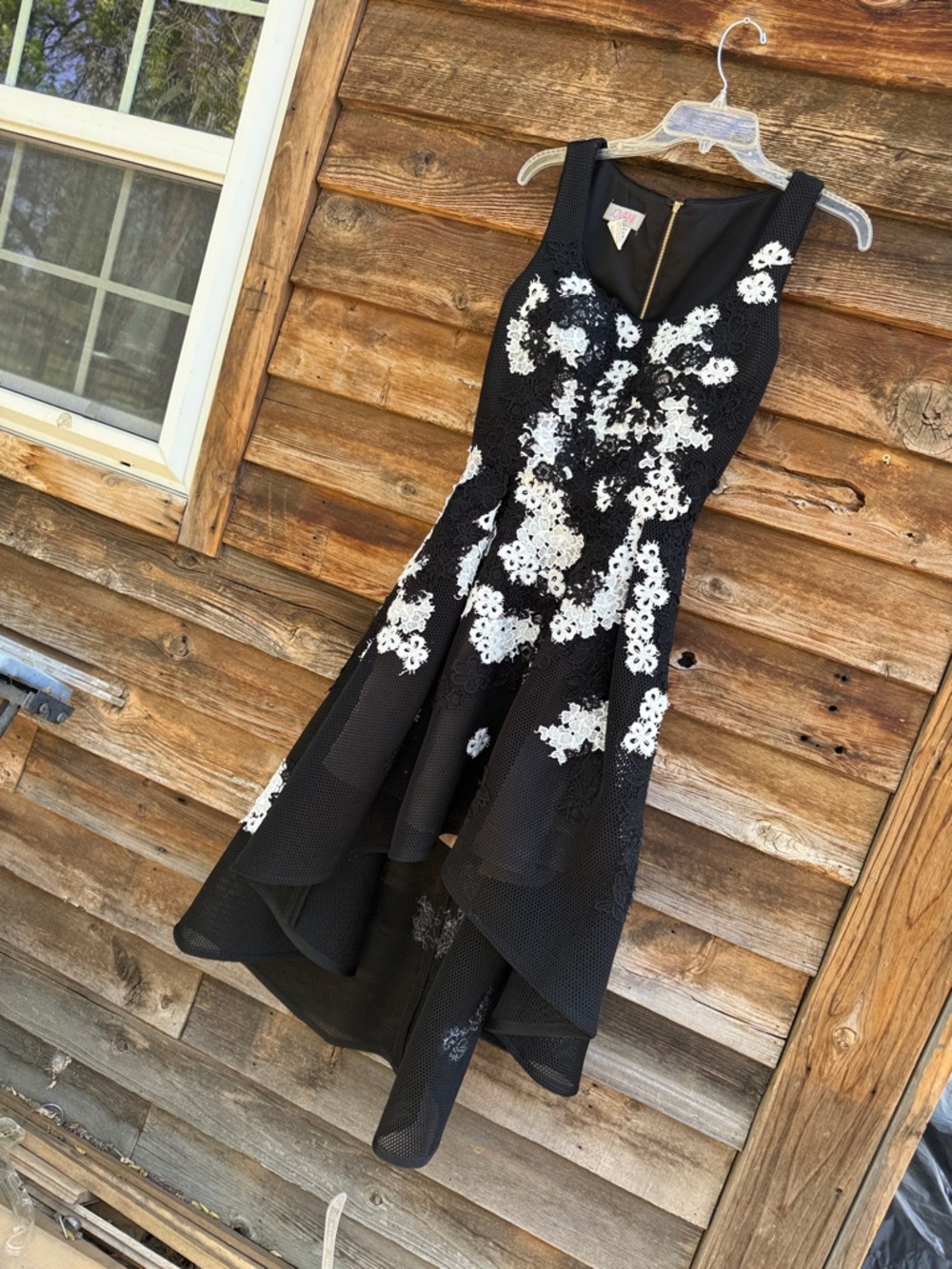 Jovani polyester black and white floral mesh dress high low open back